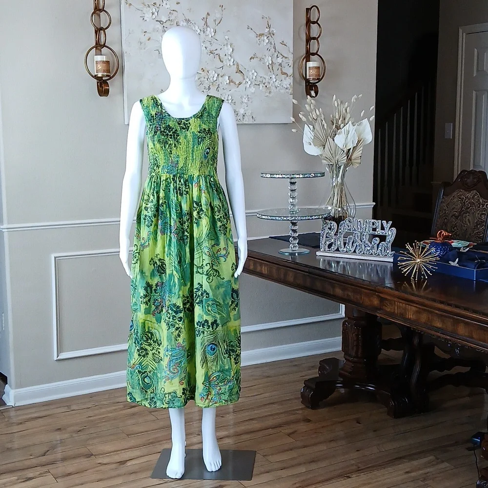 Women's Green Tropical Print Sleeveless Cotton Summer Dress By Hanna Small